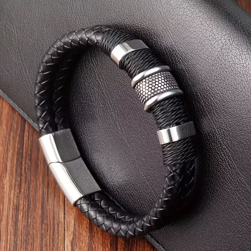 TEMU Bracelet en acier inoxydable à double couche pour petit ami pour la Saint-Valentin Bracelet personnalisé tissé polyvalent pour hommes