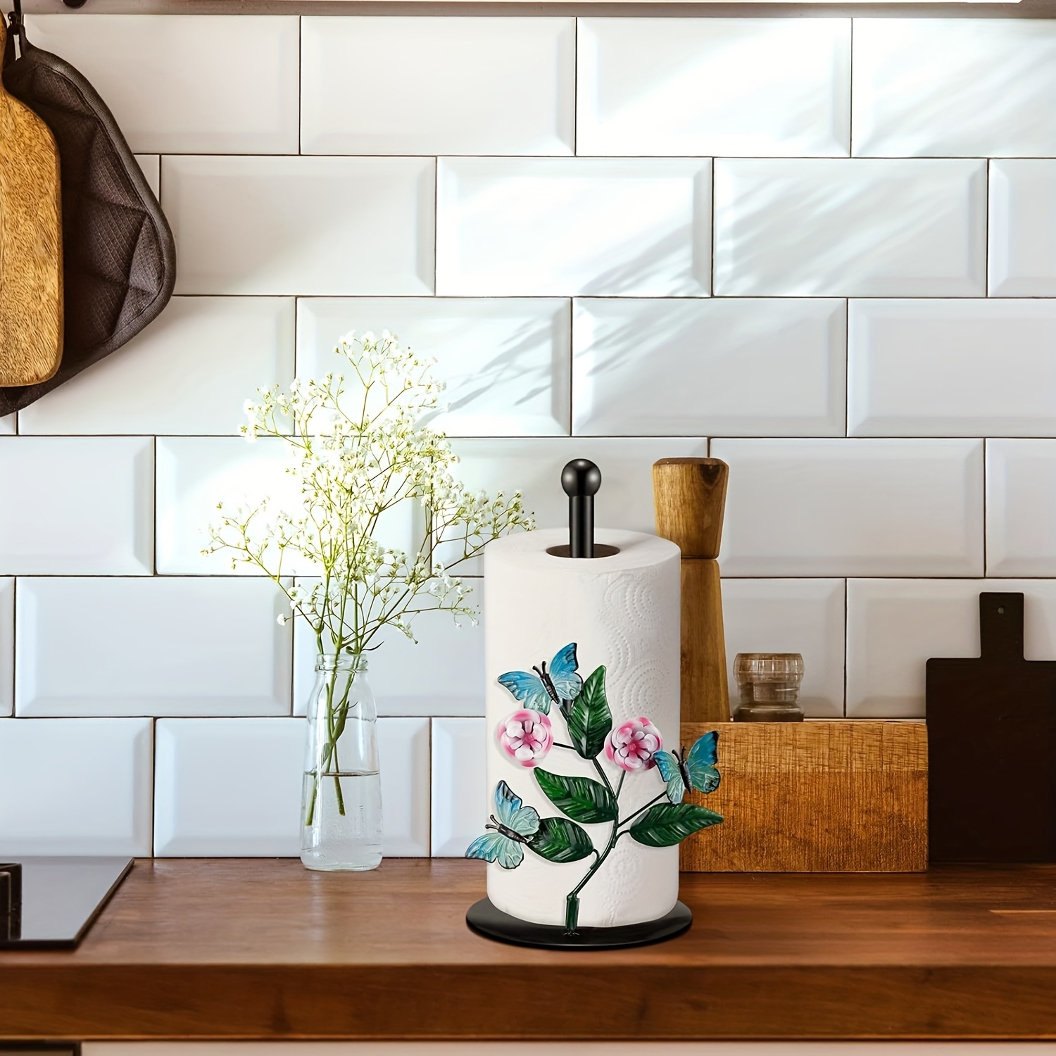metal tissue box holder with floral   iron countertop decor for kitchen bathroom living room decorative paper towel dispenser with sturdy base Product details 2