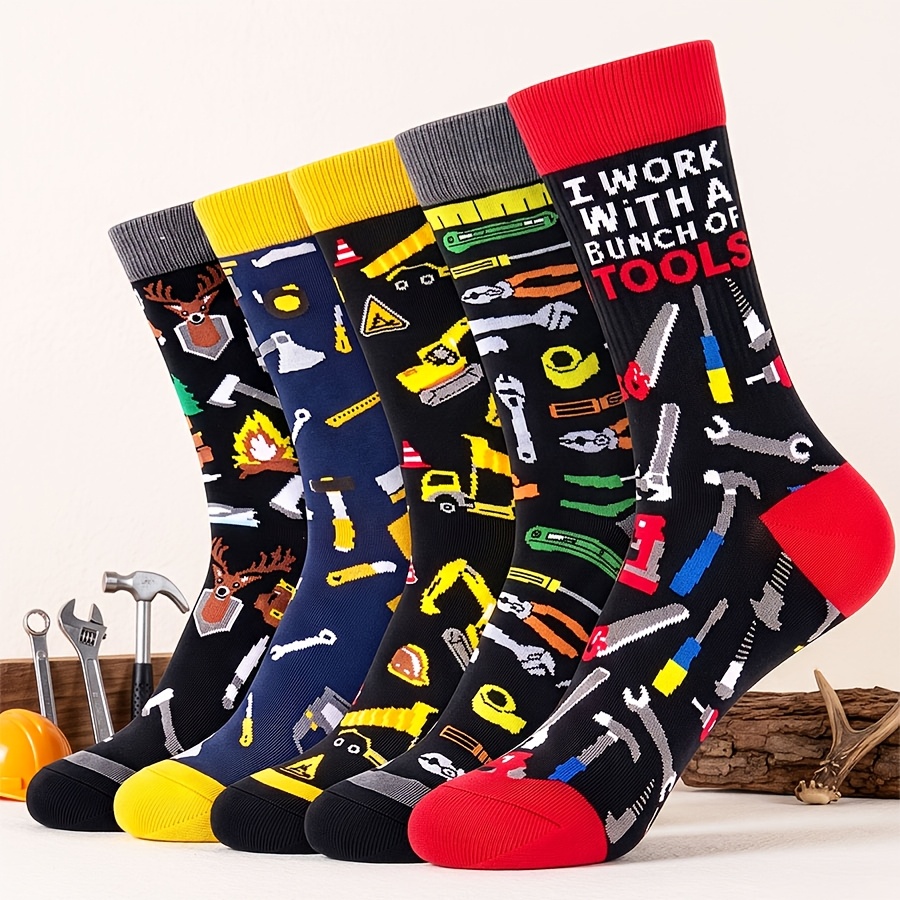 TEMU 5 Pairs Fun Daily Tool Series Printed Men's Mid-calf Socks, Soft Breathable Color-block Mid-calf Socks, Ideal Gift Socks For Men