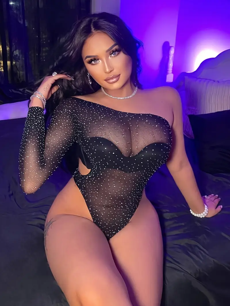 rhinestone decor asymmetrical cover up jumpsuit one shoulder hollow out sheer beach bodysuit without bikini womens swimwear clothing details 1