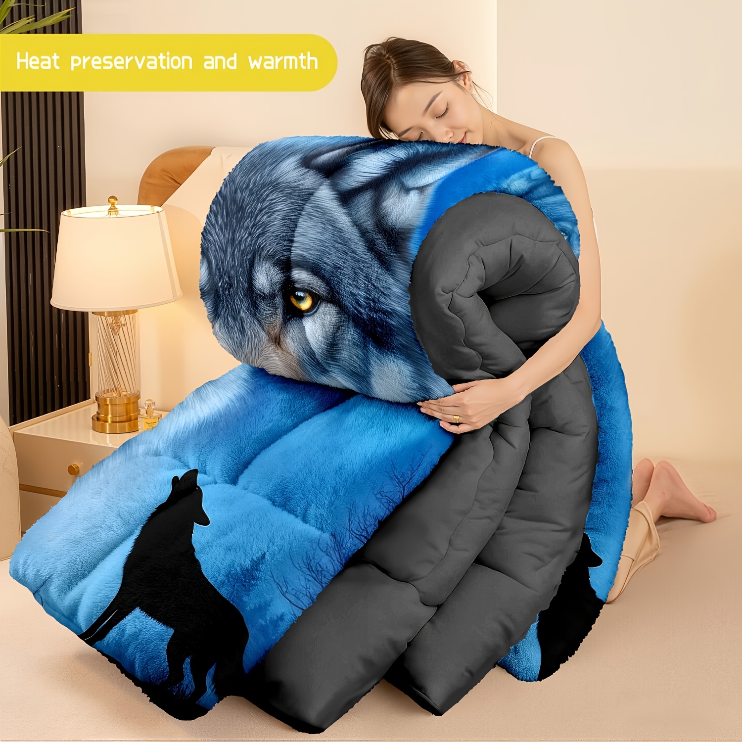 TEMU 3pcs (1 Comforter   2 Pillowcases) Wolf - Themed Flannel & Milk Velvet Comforter Set, Ultra - Soft Warm Bedding Set For Adults, Cozy Flannel