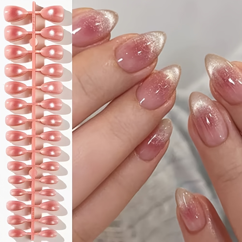 TEMU 120pcs Short Almond Nail Pressers Oval Pink False Nail Pressing Acrylic Nails Cat Eye False Human Full Coverage Nail Sticks Suitable For Women