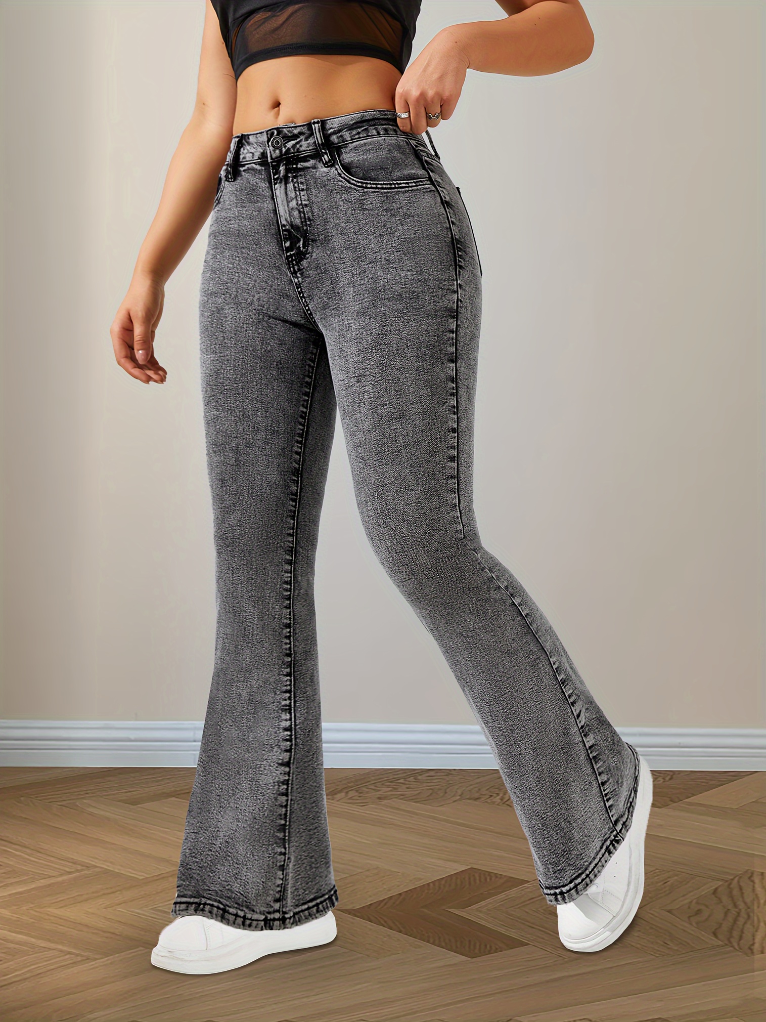 Washed Grey Retro Flare Leg Jeans High Stretch Slash Pocket - Temu Canada