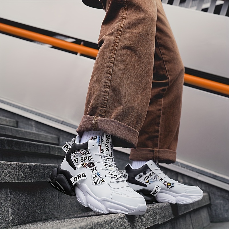 Zapatillas casuales de caña alta para hombre con patrón aleatorio, ajuste universal, cierre de cordones, uso para todas las estaciones, punta redonda, suela de PVC, plantilla de tela y parte superior de imitación.