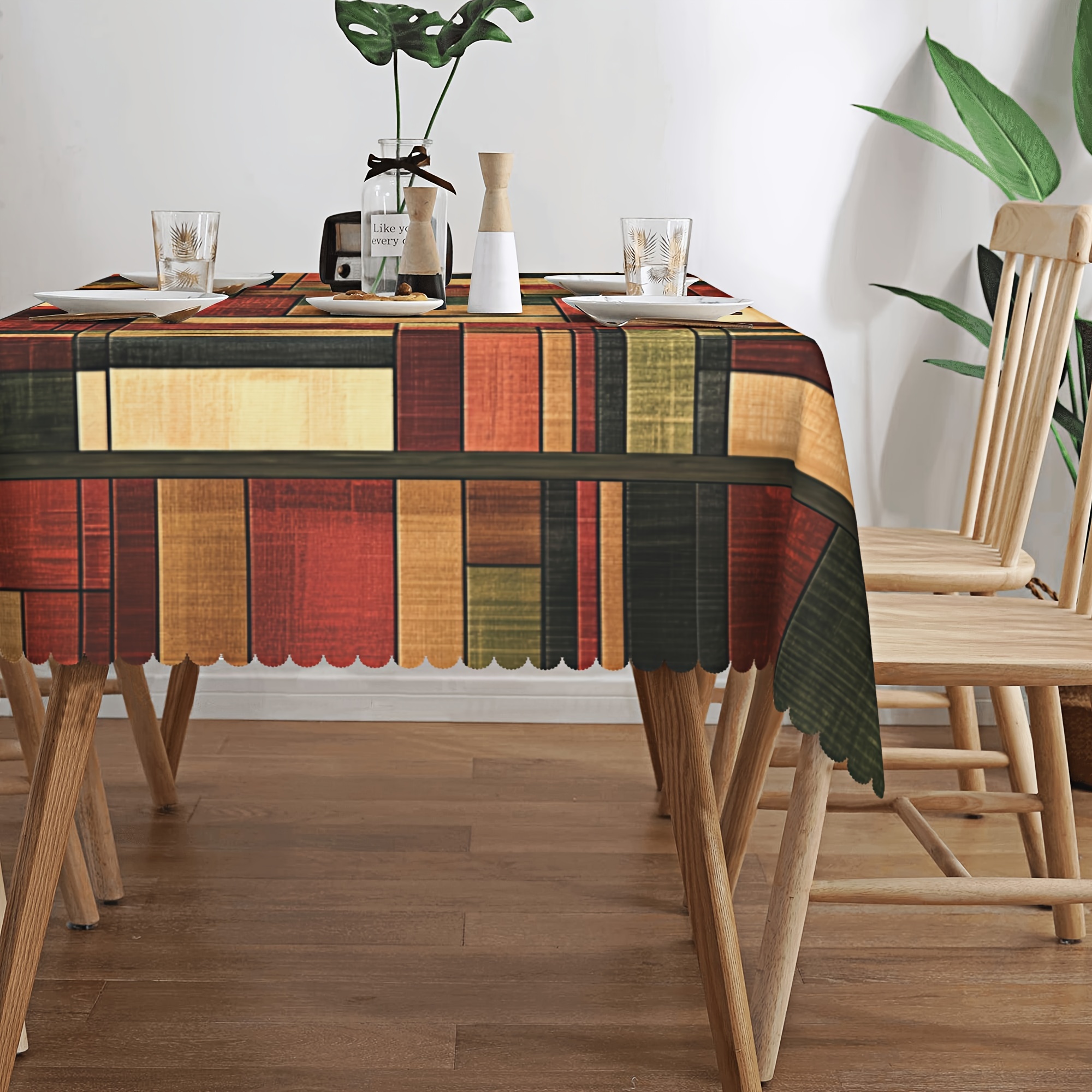 

1pc, Tablecloth, Vintage Multicolor Wooden Board Pattern Road Print Tablecloth, Wooden Board Fence Stripe Checkered Splicing Pattern Print Tablecloth, Edge Embossed Craft, Room Decor