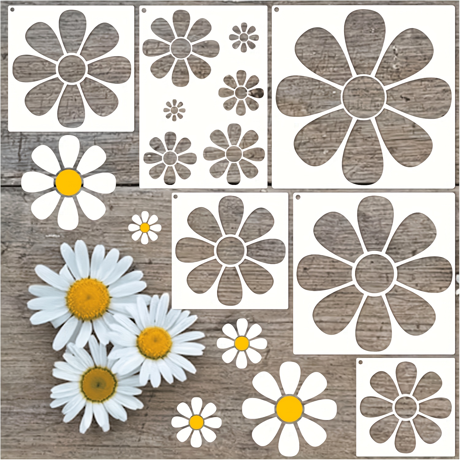 TEMU 6 Stück Blumenmuster Schablonen, 30 cm (11,8 Zoll) Gänseblümchen Kunst Malerei Schablonen, Wiederverwendbare Holzbearbeitung Prägung Schablonen,