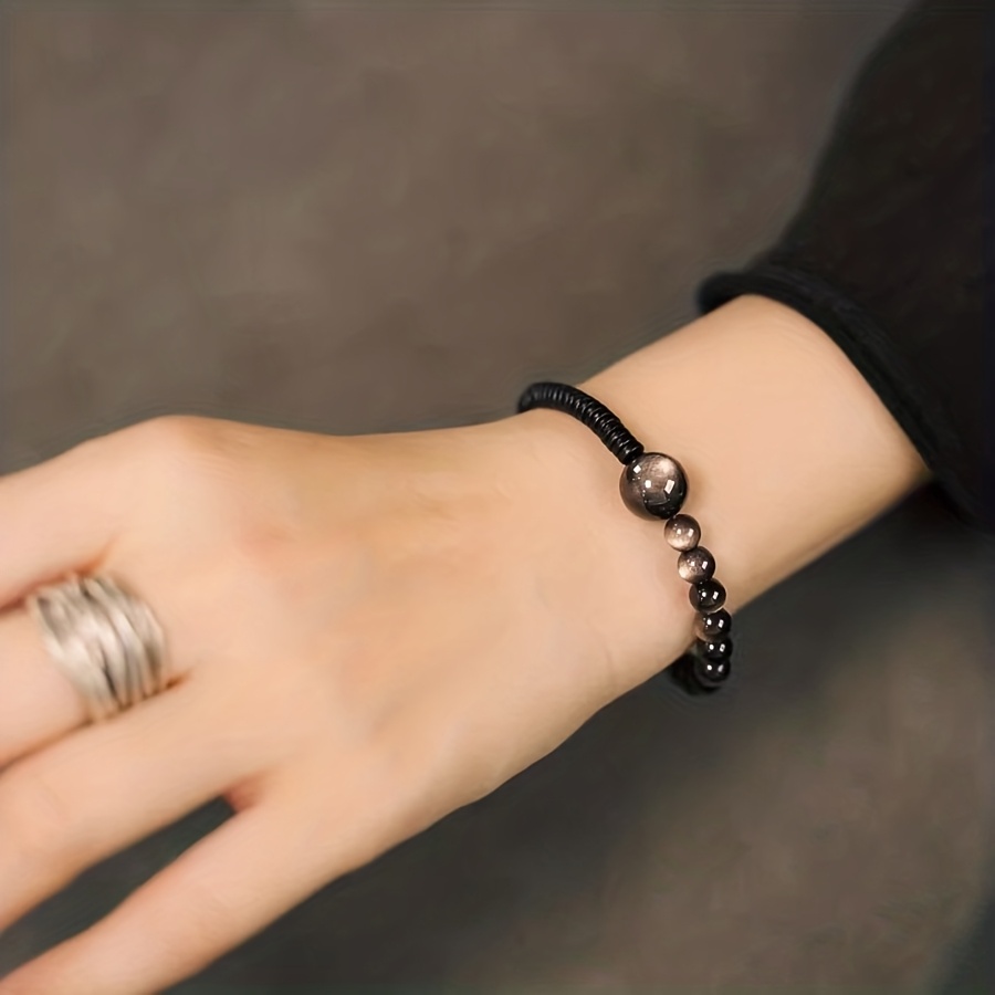 E-shop Elastisches Seilband, , Paar-Armband, Herren Chinesischer Stil, Obsidian-Armband, Damen Handmade Design, Silberner Obsidian, Geburtstagsgeschenk