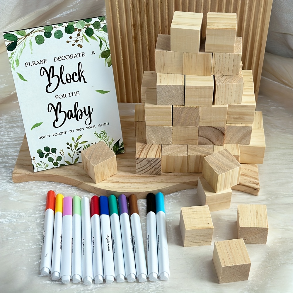 Image of 1 Set Guestbook Babyshower Games , Including Decorate Game Sign, 30 Blank Wooden Block, 12 Pen, For Babyshower Gender Reveal For Halloween、christmas