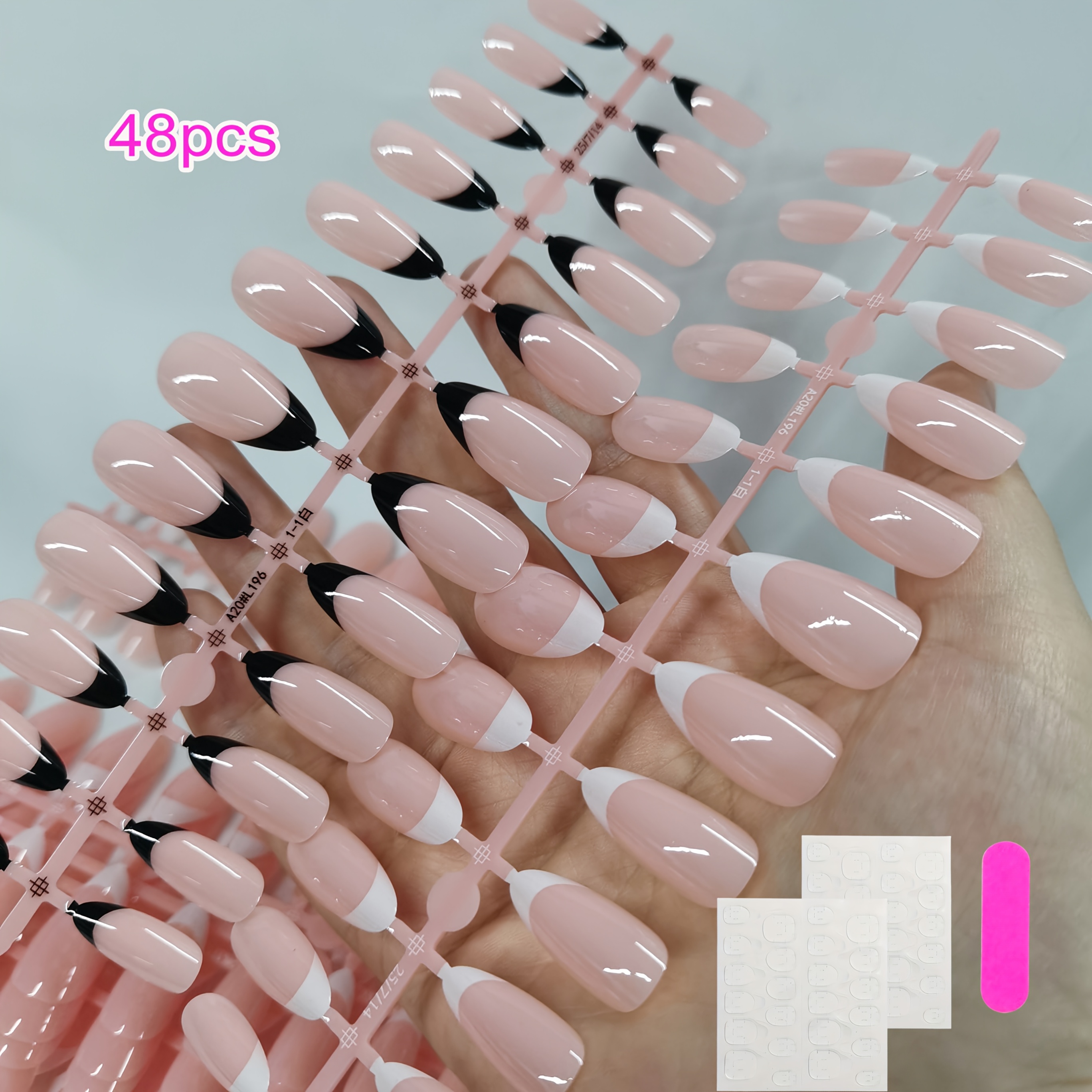 TEMU 48pcs French Style Short Almond Press On Nails, 2-color Fake Nails Set, French Nail Tips Easy Nail Decoration For Women's Holiday Parties,
