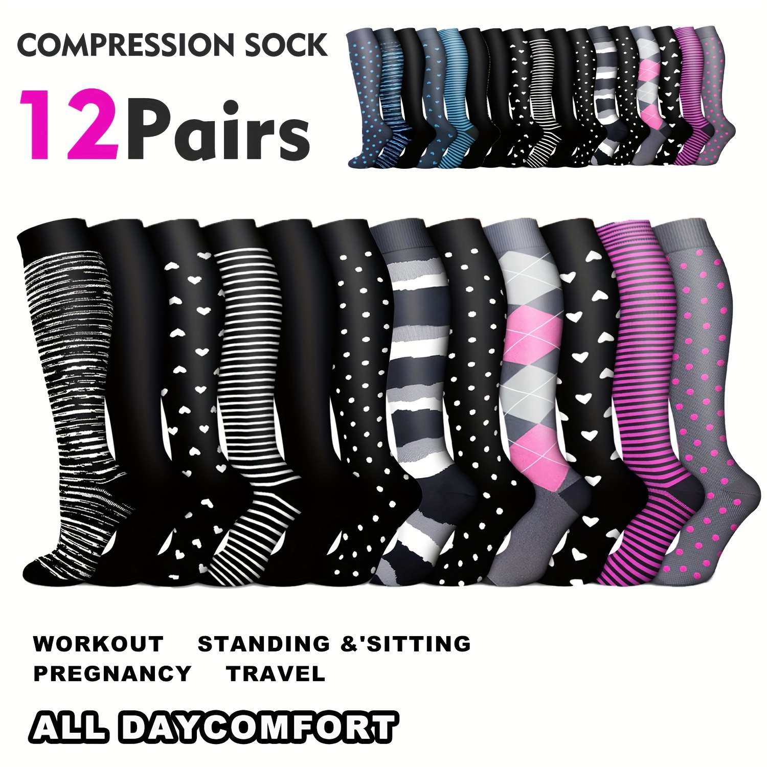 

12 Pairs Socks Stockings Women Men Best Rated Support Non Slip Travel Long Flights Medias De Compresión Para Mujer Christmas Gift Friend Mother Dad Work Sport Running Hiking Cycling