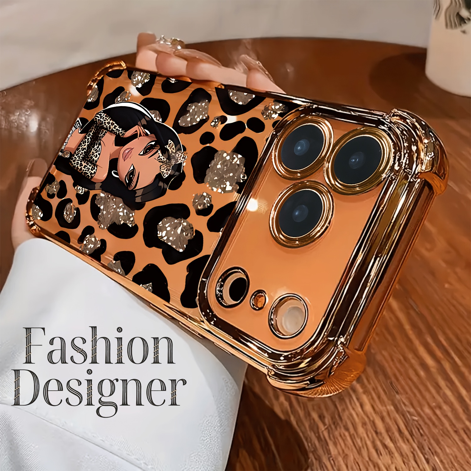 TEMU Phone Case: A Trendy Designer-style Plated Transparent Anti-drop Soft Full-coverage Tpu Phone Case With Leopard Print Girl Pattern, Compatible