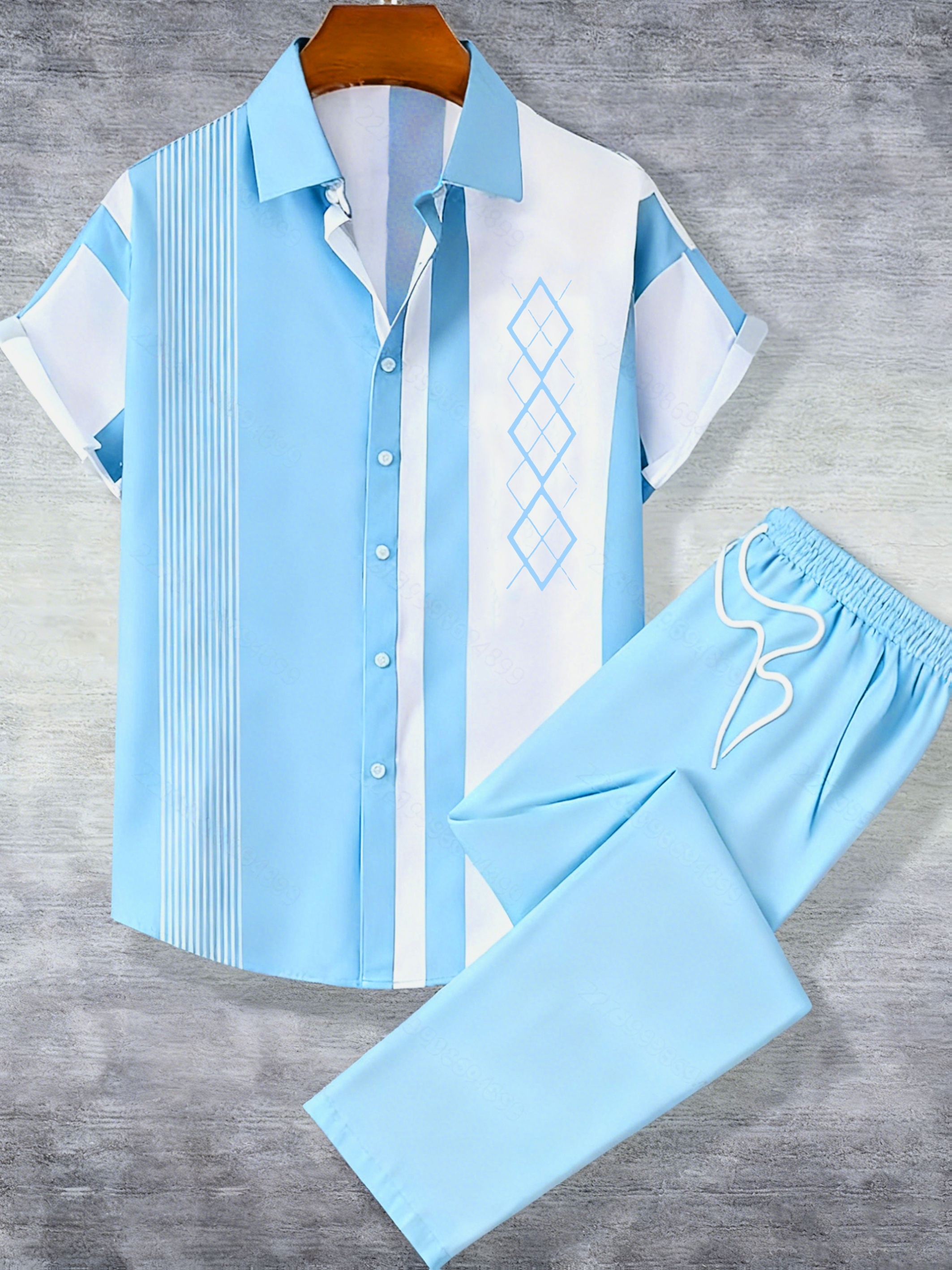 Men'S 2pcs Hawaiian Style Short Sleeve Collared Shirt And Drawstring Long Pants Outfit, All-Over Print Casual Button-Up Shirt And Trousers, Suitable for Summer Daily Wear And Vacation Destinations
