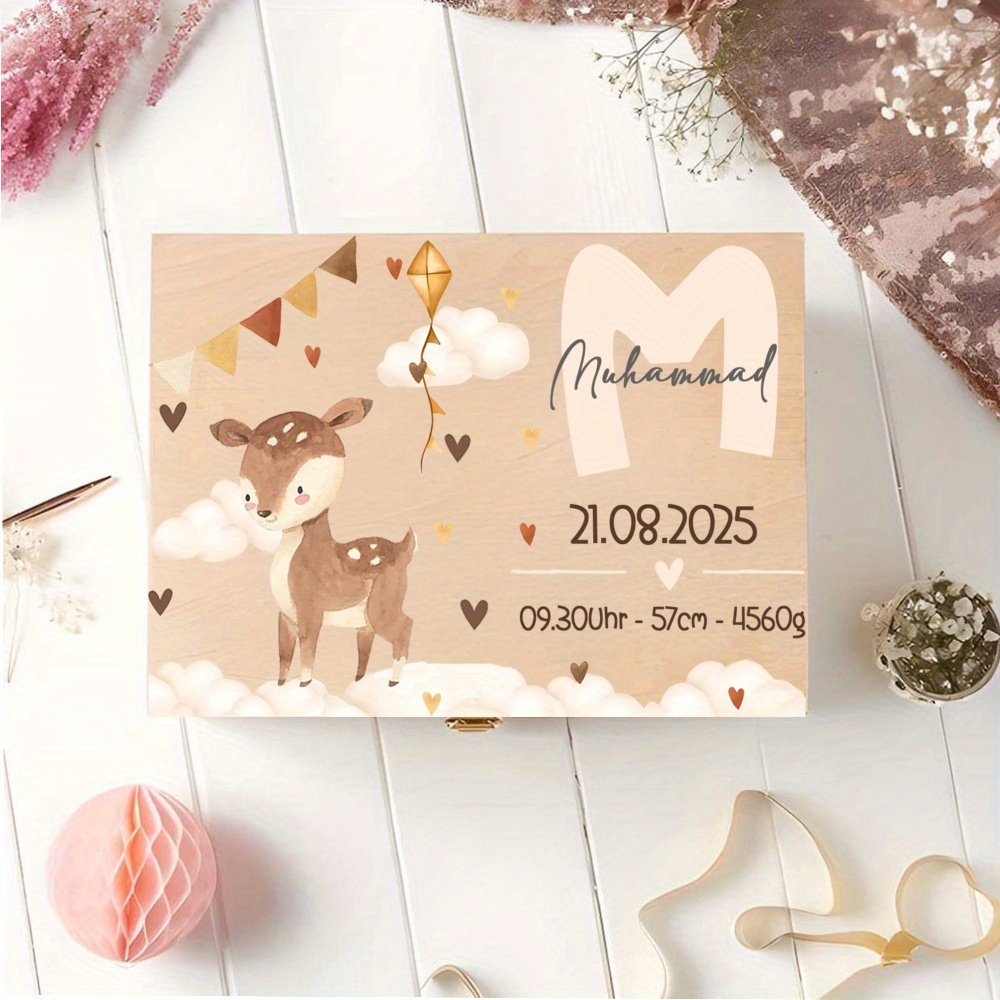 TEMU Personalized Cute Animal Pattern (little Bear, , ) Wooden Memory Box, Custom Wooden Box Shower Gift Birth Statistics Souvenir Box Cord Box,