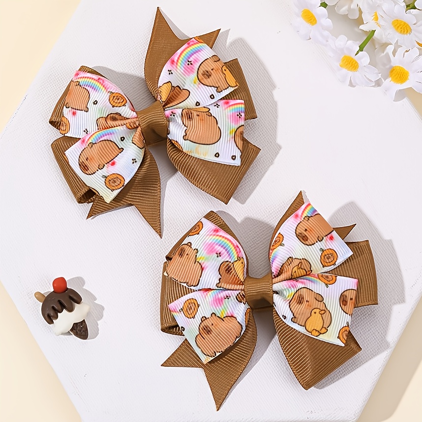 2pcs Cute Capybara Print Bow Hair Clips For Rainbow Print Hair Bow Clips Grosgrain Ribbon Kawaii Hair Additions For Perfect Gifts