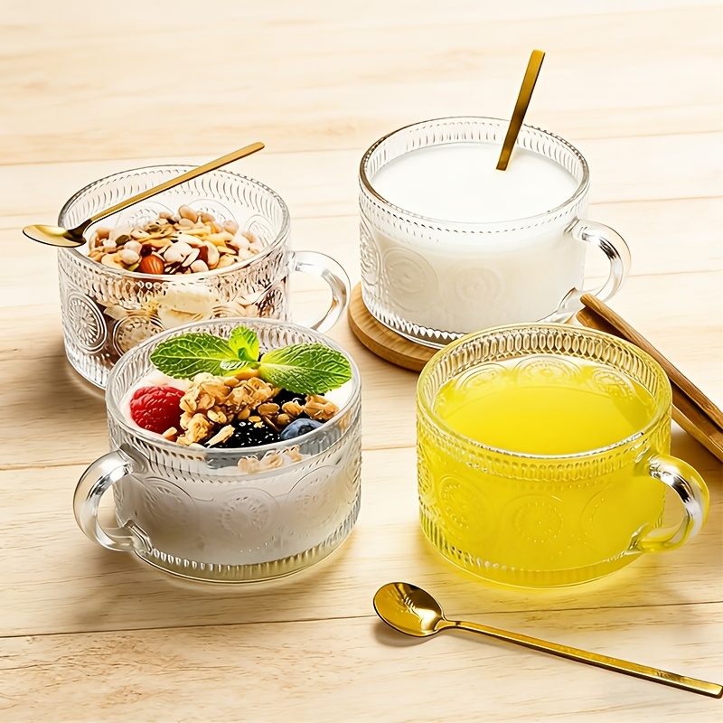 E-shop 4er-Set 450ml/15.2oz Vintage Kaffeetasse, Über-Nacht-Haferbrei-Behälter mit Deckel Löffel – Transparente geprägte Glasbecher,