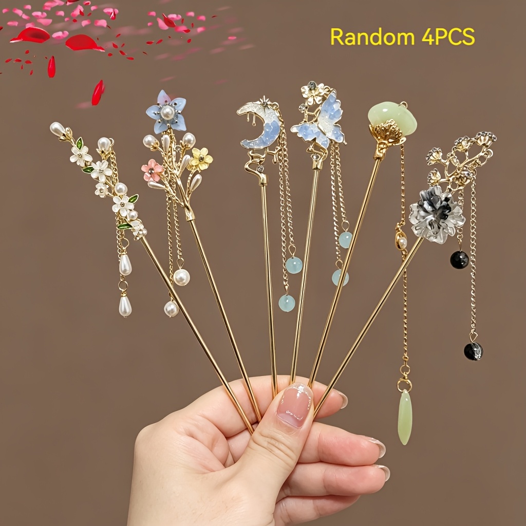 TEMU 4pcs Random Style New Chinese Style Women's Retro Hairpin, Exquisite Flower, Crescent, Tassel Pendant Hairpin, Elegant Hanfu Headdress, Suitable
