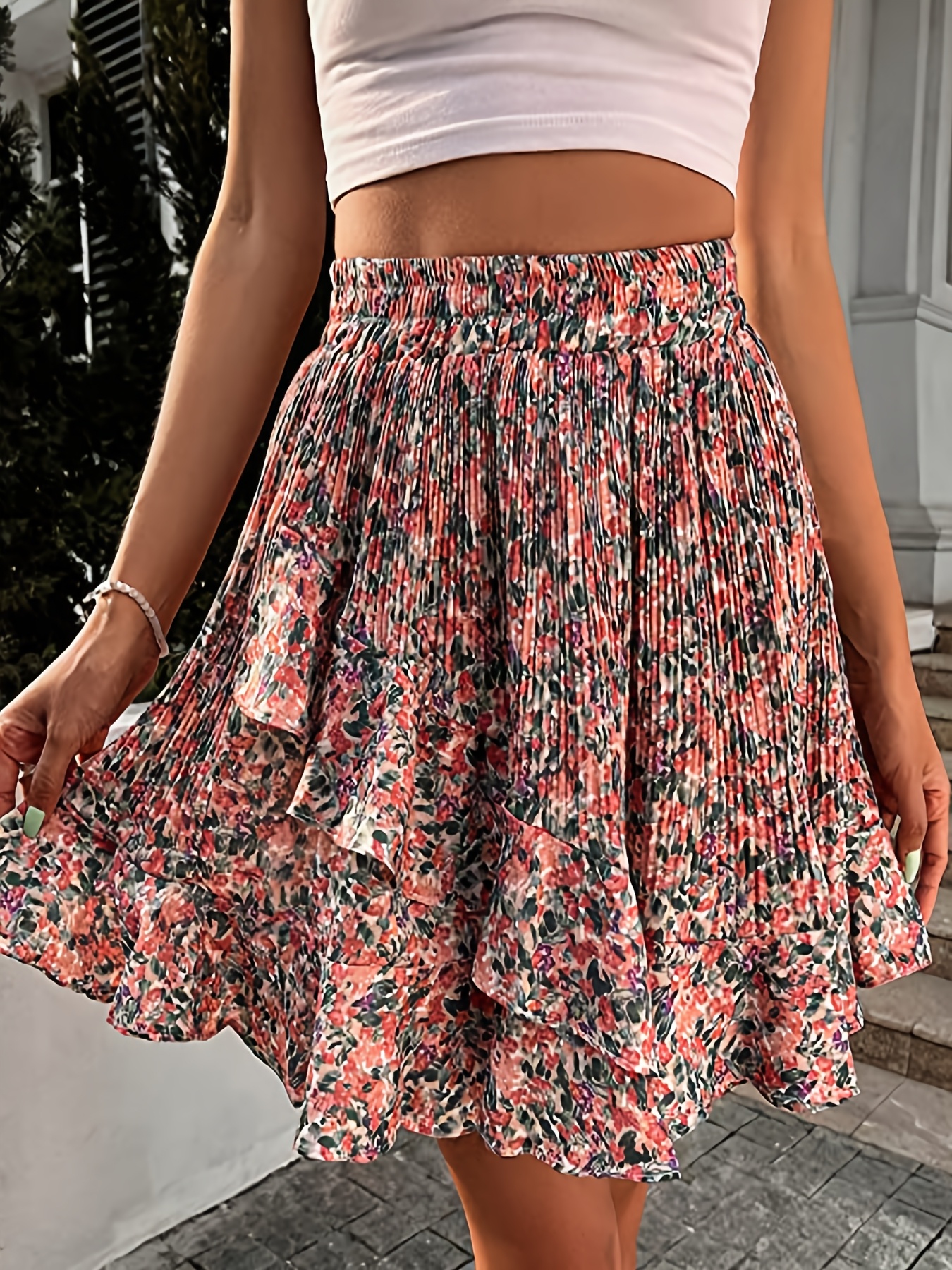 women's floral print mini skate skirt elastic waistband Temu