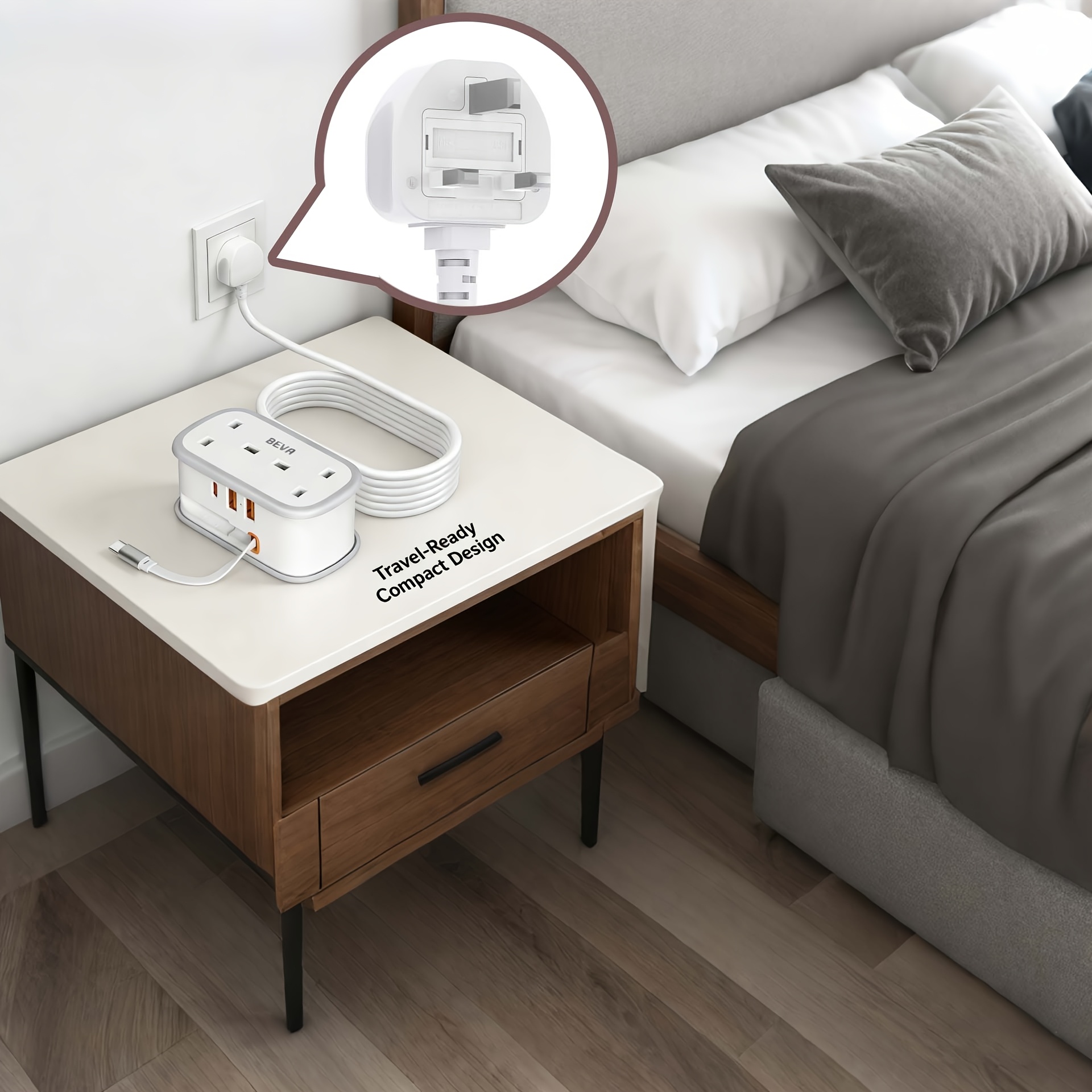 TEMU Travel Extension Lead, Beva Power Strip With Retractable Usb C Cable, 2 Way Power Socket With 3 Usb Ports (1 Usb C), 1.5m Extension Cable Cords