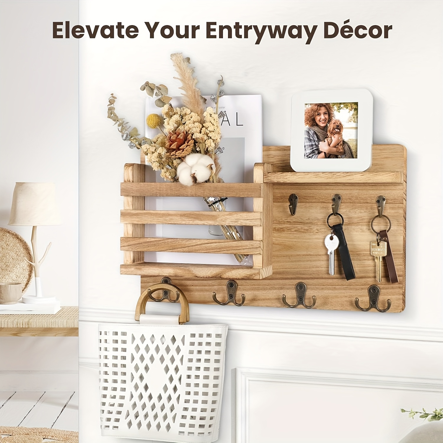 1pc Wood Key Holder Wall-mounted Envelope Storage Rack Living Room Entrance Mail Organizer 6 Key Hooks Household Mail Key Shelf - 15