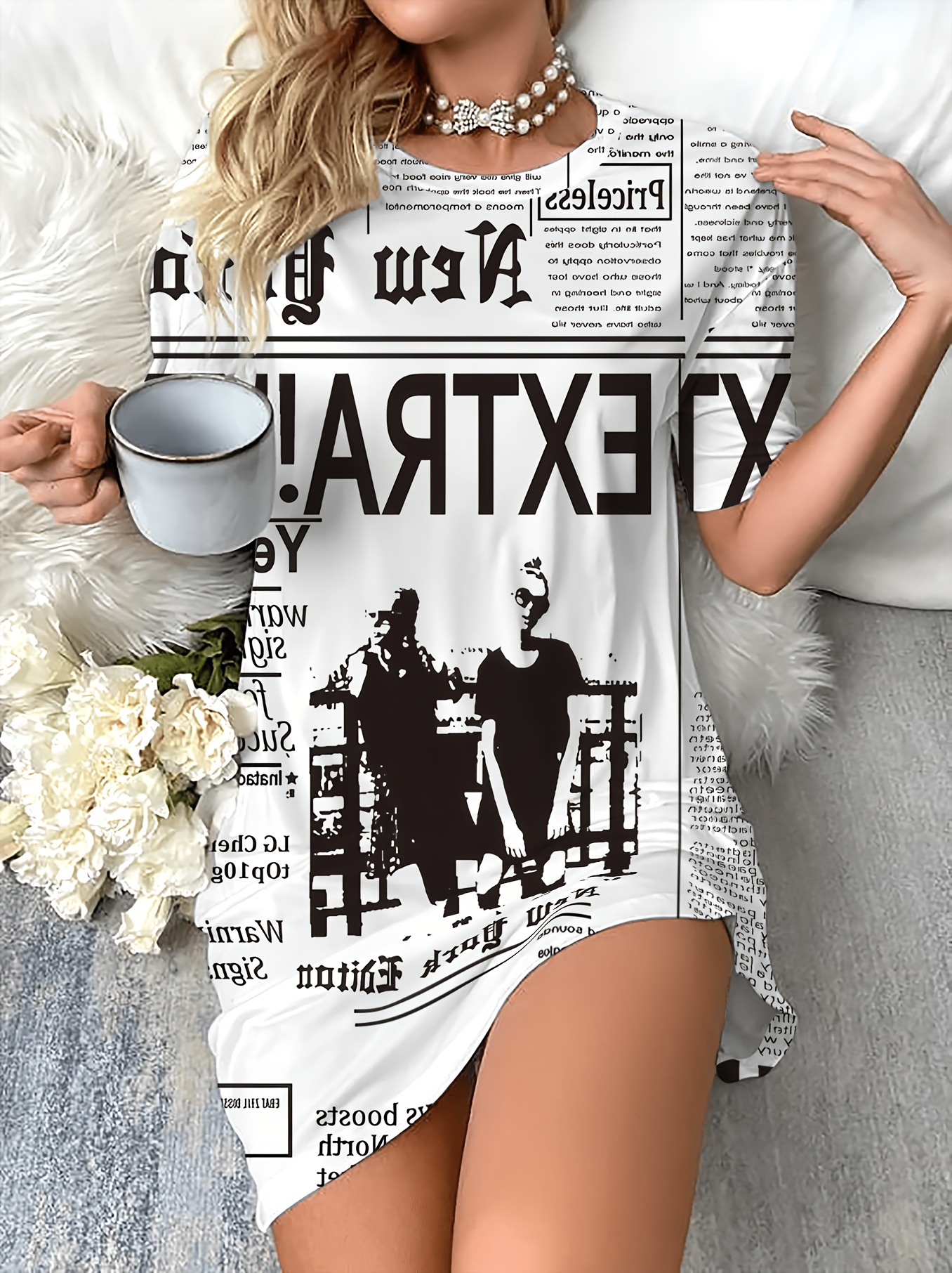 item picture vintage inspired newspaper print dress nightgown for women   polyester pajamas machine washable