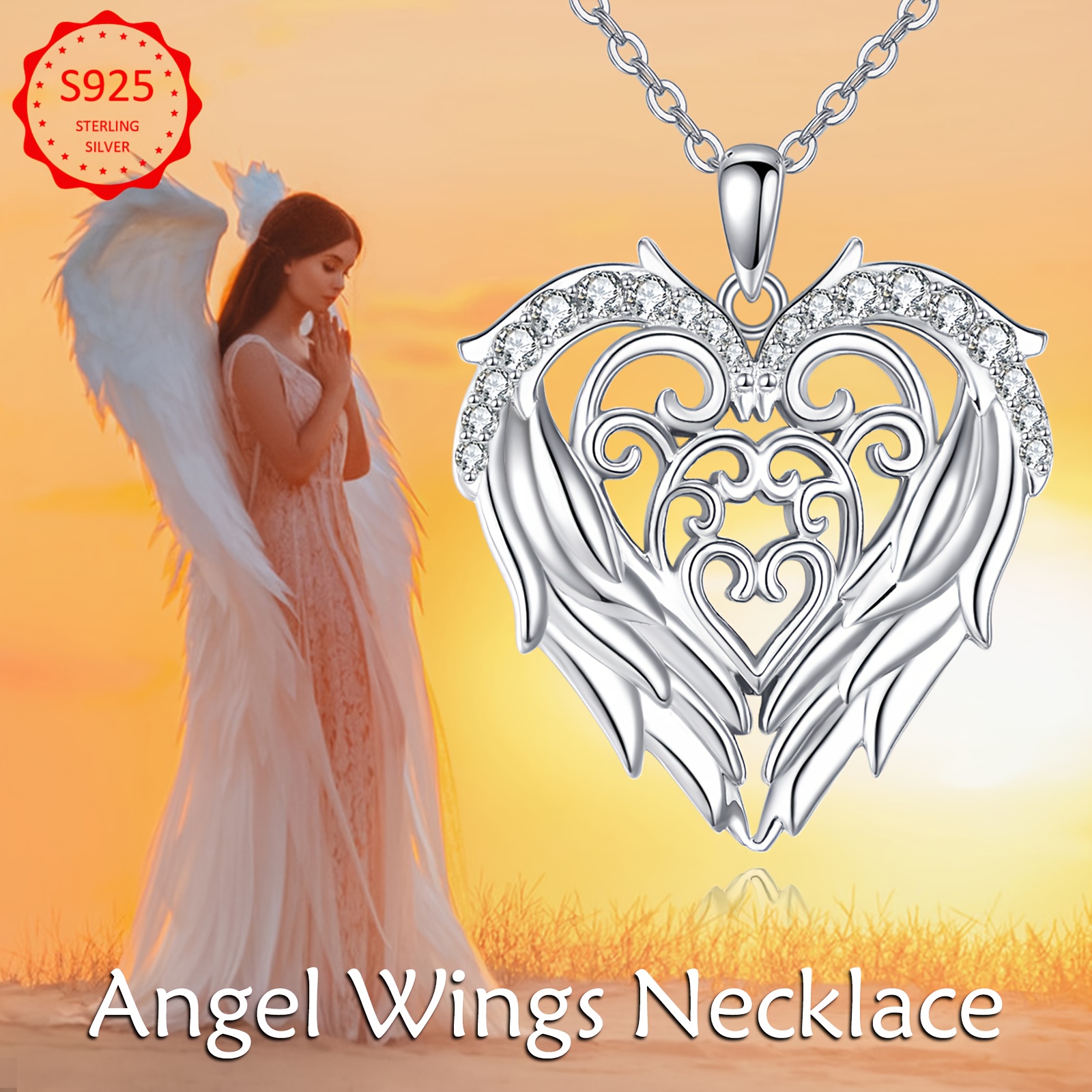 Sterling Silver Angel Wings Heart Pendant Necklace, Gift for Her