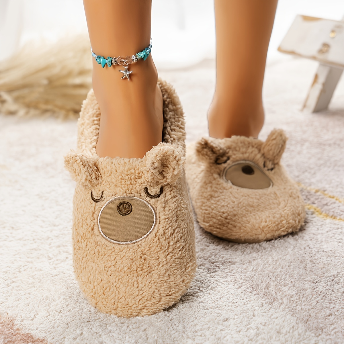 TEMU Women's Home Slippers, Spring And Autumn Plush Home Slippers, Men And Women Couple Home Slippers, Cute Bear Slippers For Indoor Use, Women Shoes