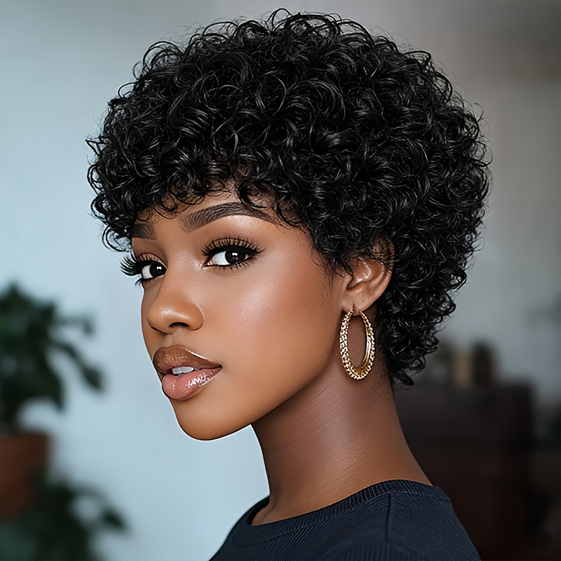 Image of Afro Bob Wig Brazilian Human Hair Wig With Bangs For Women Short Water Curly Cut Human Hair Glueless Wig Cap Full Machine Made 4" 200% Density For Daily Wear & Cosplay & Parties & Music Festival