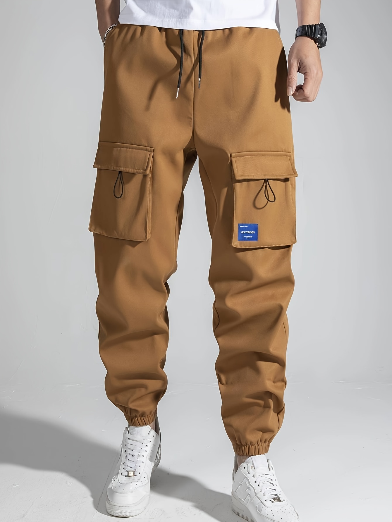 Cargo Pants For Men's Mid-waist Zip Relaxed Fit Solid Trousers With  Multi-pocket