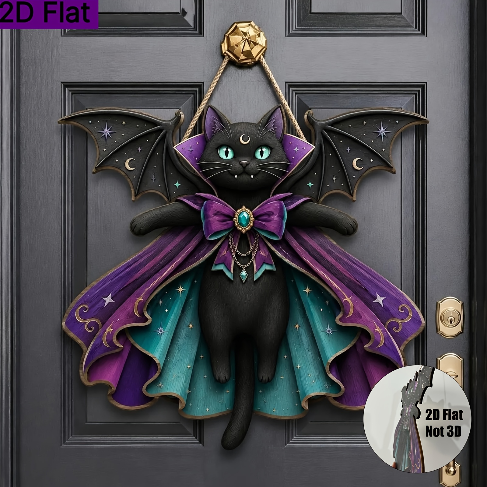 TEMU 2d Flat 1pc Halloween Black Cat Wooden Sign, Vampire Bat Gothic Wall Decor, Spooky Witchy Home Decor, Haunted House Door Hanger, Halloween Gift