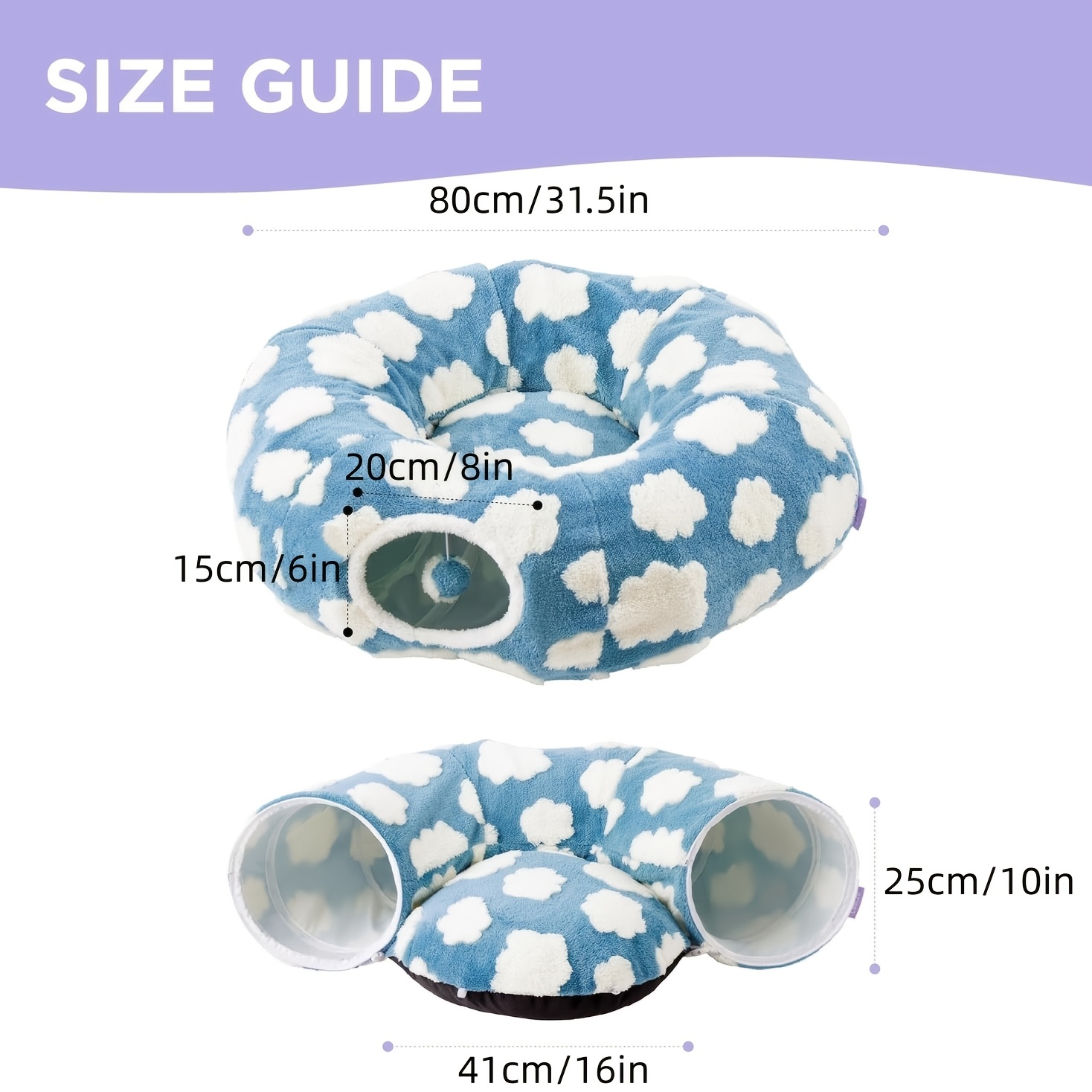 Plush Cat Tunnel in Light Blue Cloud & Green Small Flower Donut Design