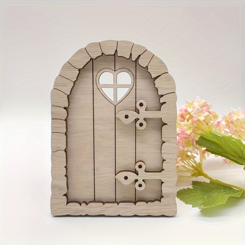Image of 1pc Miniature Wooden Door For Dollhouses - Vintage With Heart-shaped Window & Decorative Hinges, Ideal Christmas Decoration For Diy Fairy Tale Gardens, Dollhouse Furniture