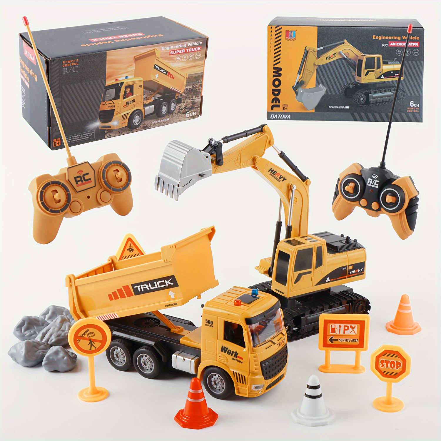 

1:20 Remote -in-1 Set Simulation Model, 6-channel Excavator And Earth Truck With Music And Lights, Interactive Game Toy Car Gift