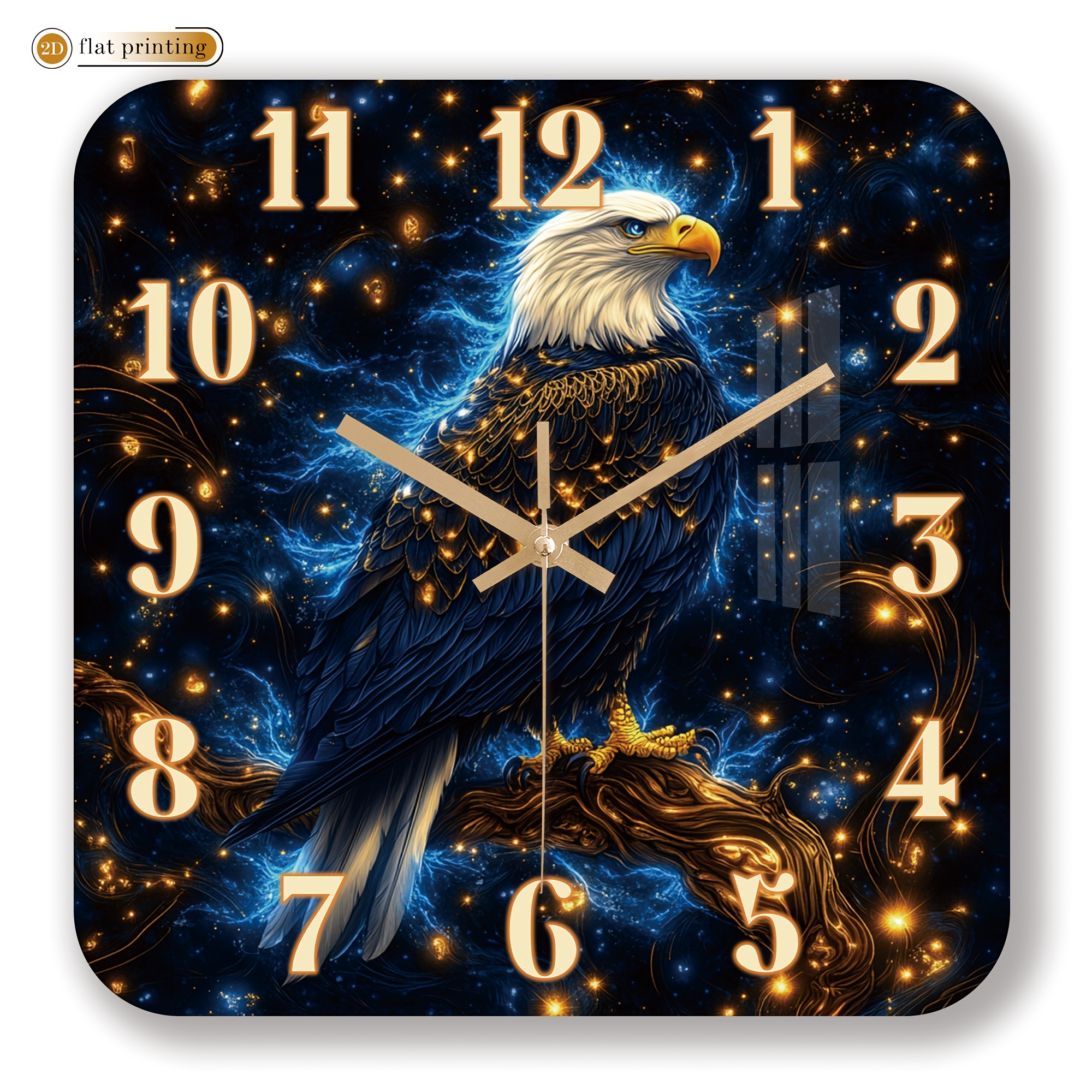 TEMU 1pc Eagle-themed Wall Clock With Glowing Effects, Wooden Square Silent Wall Clock, Modern Light -2d Flat Printed Silent Clock, Suitable For