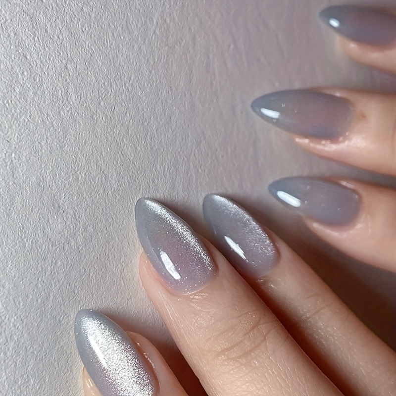 24 Stck Einfarbige Katzenaugen-Kunstngel Mandelform Nageldesign Grau,  inklusive Nagelfeile Jelly-Kleber