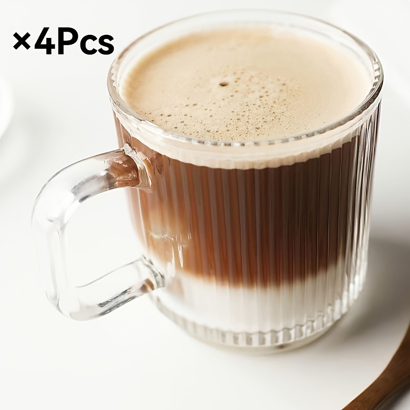 Image of 4pcs, Vintage Vertical Striped Glass Cups, Handle Milk Cups, For Coffee, Juice, Drinks, Smoothies, Ice Cream, S, Kitchen, Restaurant, Bar, Cafe Use, Drinkware, Hand Wash , Birthday Gift, Souvenir