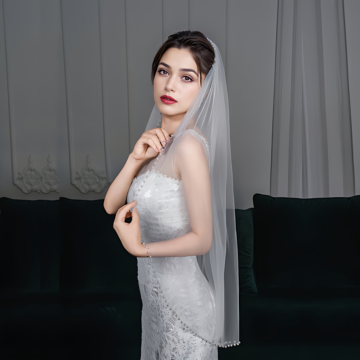 1pc bride pearl trim wedding veil hand-beaded bride  display picture 3