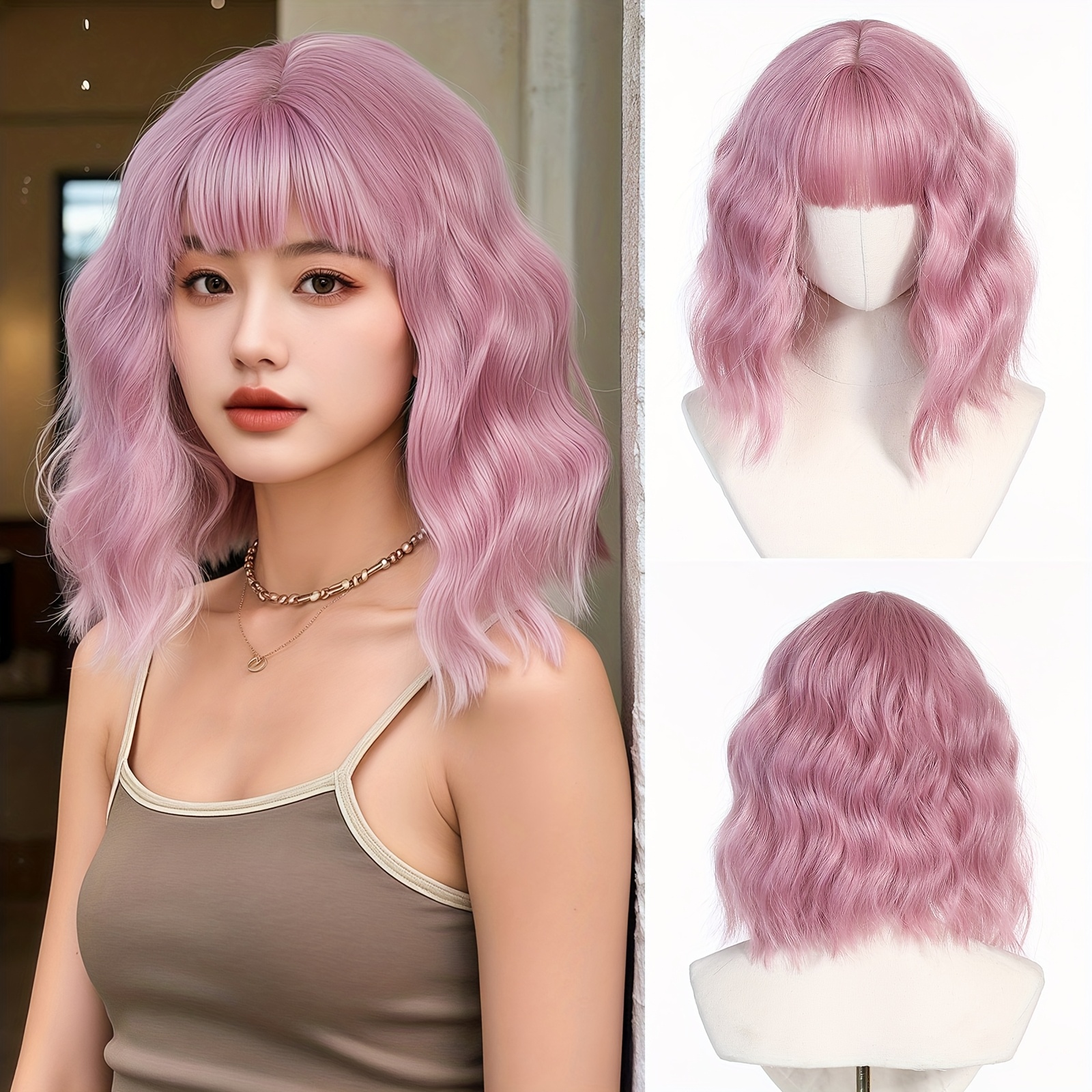 Chic Pink Curly Wave Clavicle-Length Wig for Women - High-Temperature Fiber, Natural Look, 150% Density, Elegant Style, Perfect for Spring &amp; Summer, Wig for Daily Wear