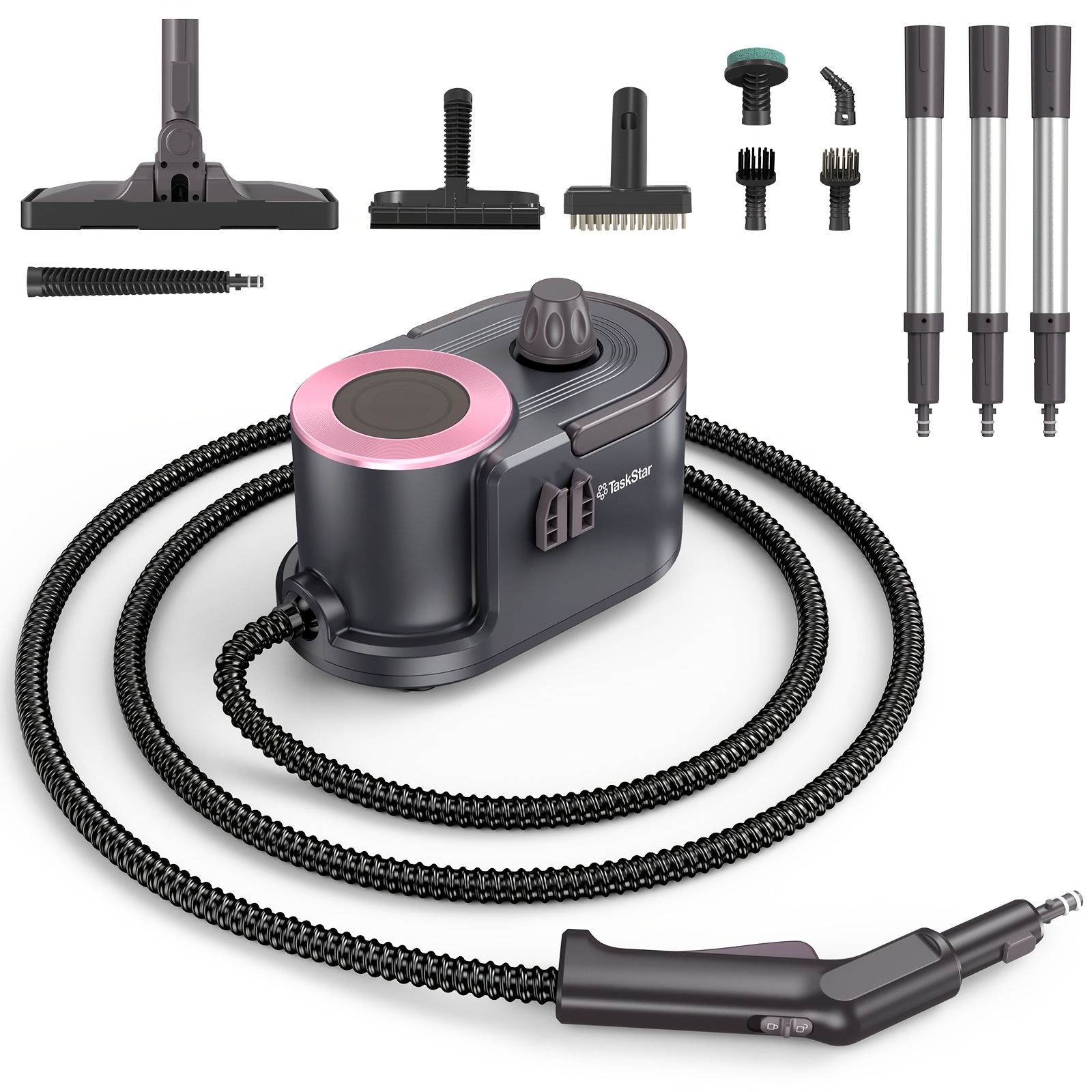 Image of Taskstar 2000w High-pressure Steam Cleaner, A Handheld, Portable Cleaner That Up Quickly And With Over A Accessories And Wheels, Suitable For Cleaning Kitchens, Furniture, Homes, And Cars