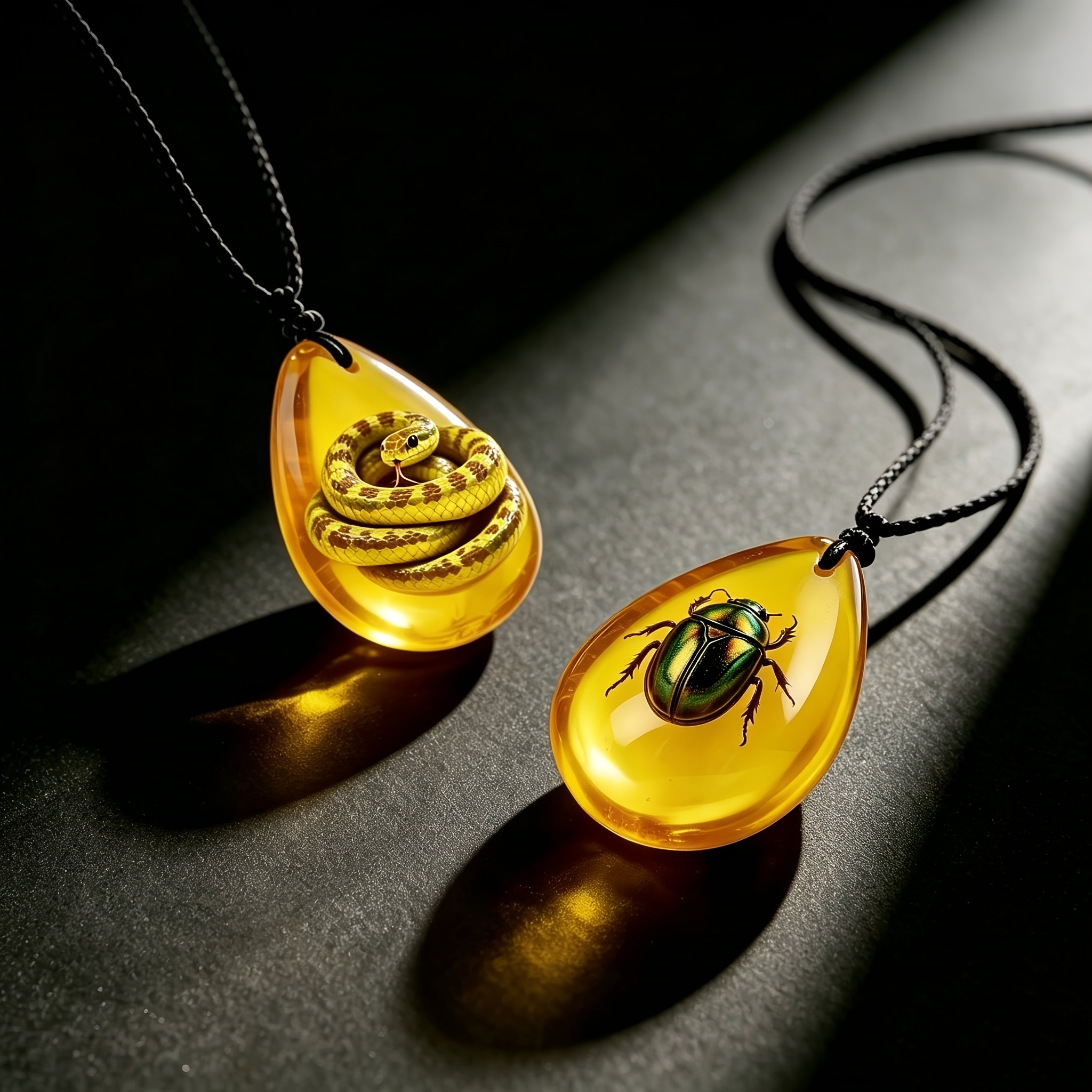 2pcs Unisex Imitation Amber Snake & Beetle Pattern Necklace Set