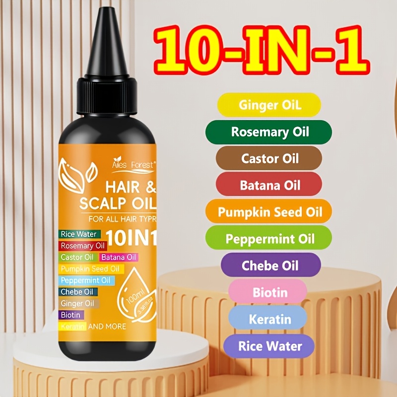 TEMU 10-in-1 Strengthening Hair Oil, Enriched With Keratin, Bataana Oil, Ginger Oil, Chebula Oil, Castor Oil, Rosemary, Biotin, Peppermint Oil, Rice