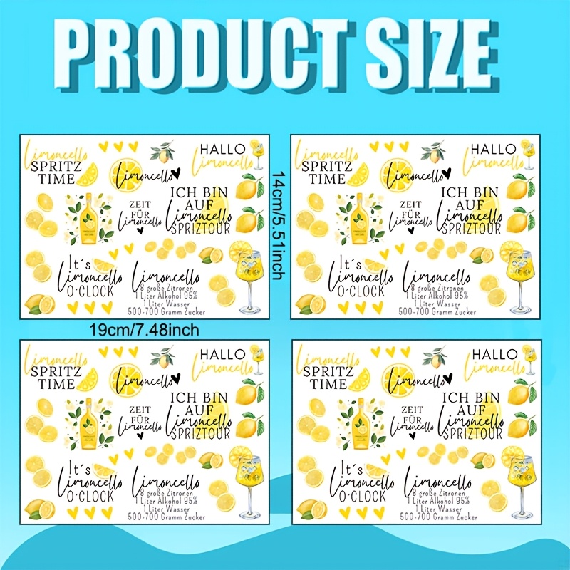 TEMU 4pcs Vibrant Summer Lemon Liquor Transfer Papers, Combining Lemon Slices, Glass Elements And German Humorous Quotes, Suitable For Mugs, Phone