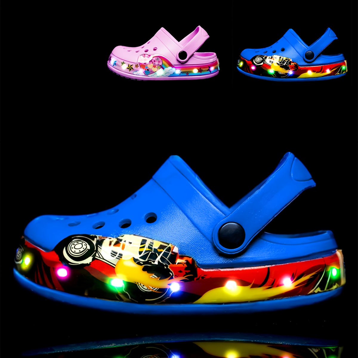 kids glow in the dark clogs breathable eva sports casual shoes non slip beach footwear cartoon pattern slip on closure battery operated for boys girls spring summer fall details 1