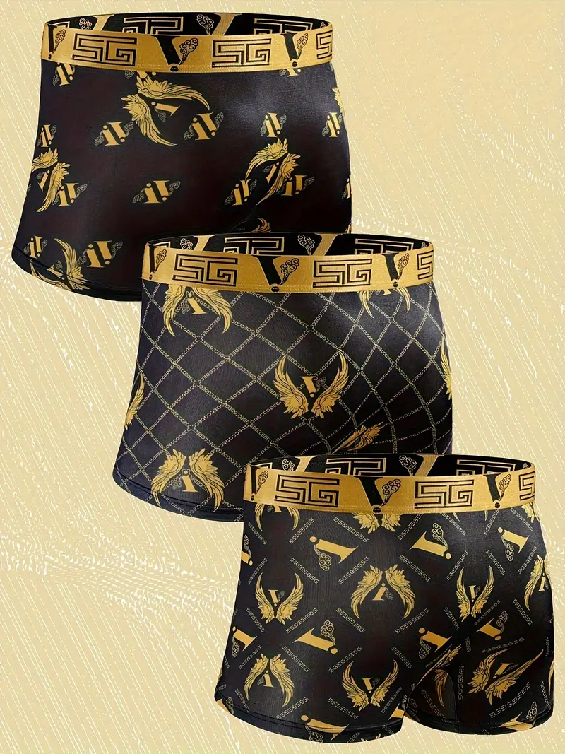 black package stylish series 3pcs mens chain print boxer briefs comfy antibacterial luxury underwear set as gift details 7