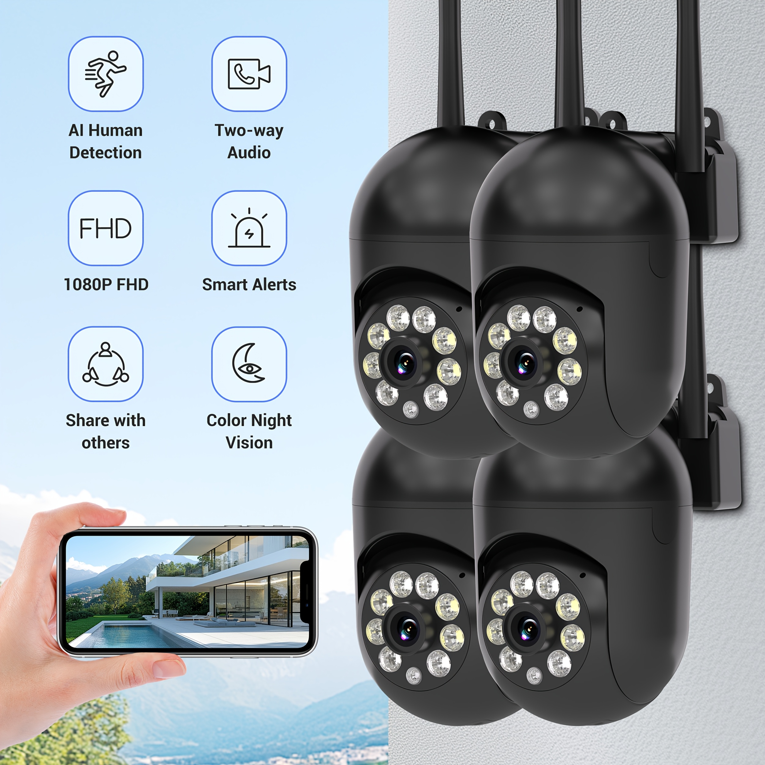 TEMU Lot de 4 caméras de sécurité Wifi 2.4G et 5G 1080P HD, IP54 étanches, rotation PTZ à 355°, vision en couleur, audio bidirectionnel et