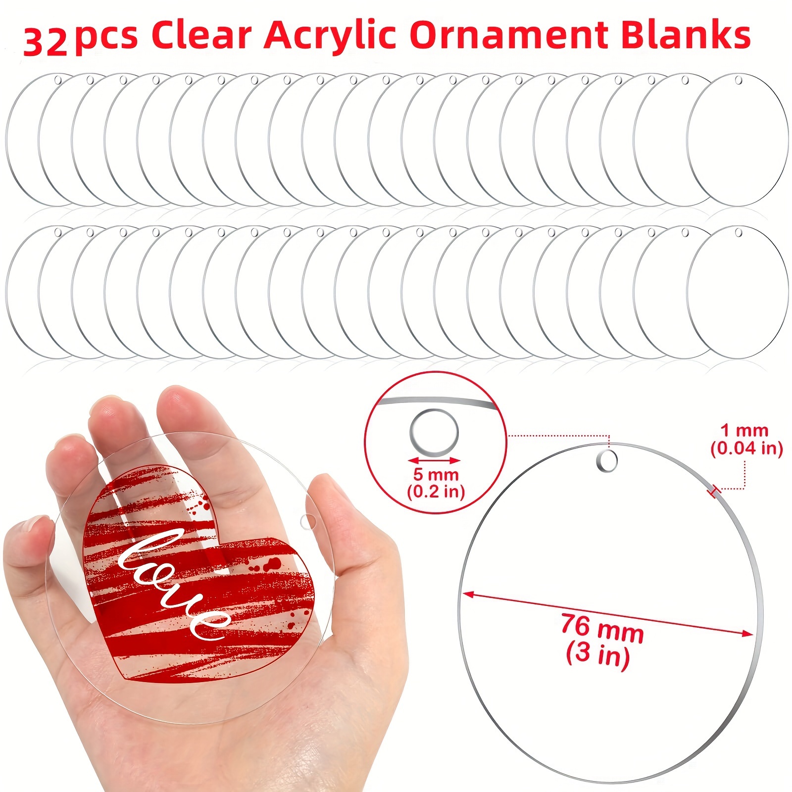32pcs 3" Acrylic Round Ornament Blanks With Holes - Clear Vinyl Discs For Diy Christmas Decor, Labels & Art Crafts