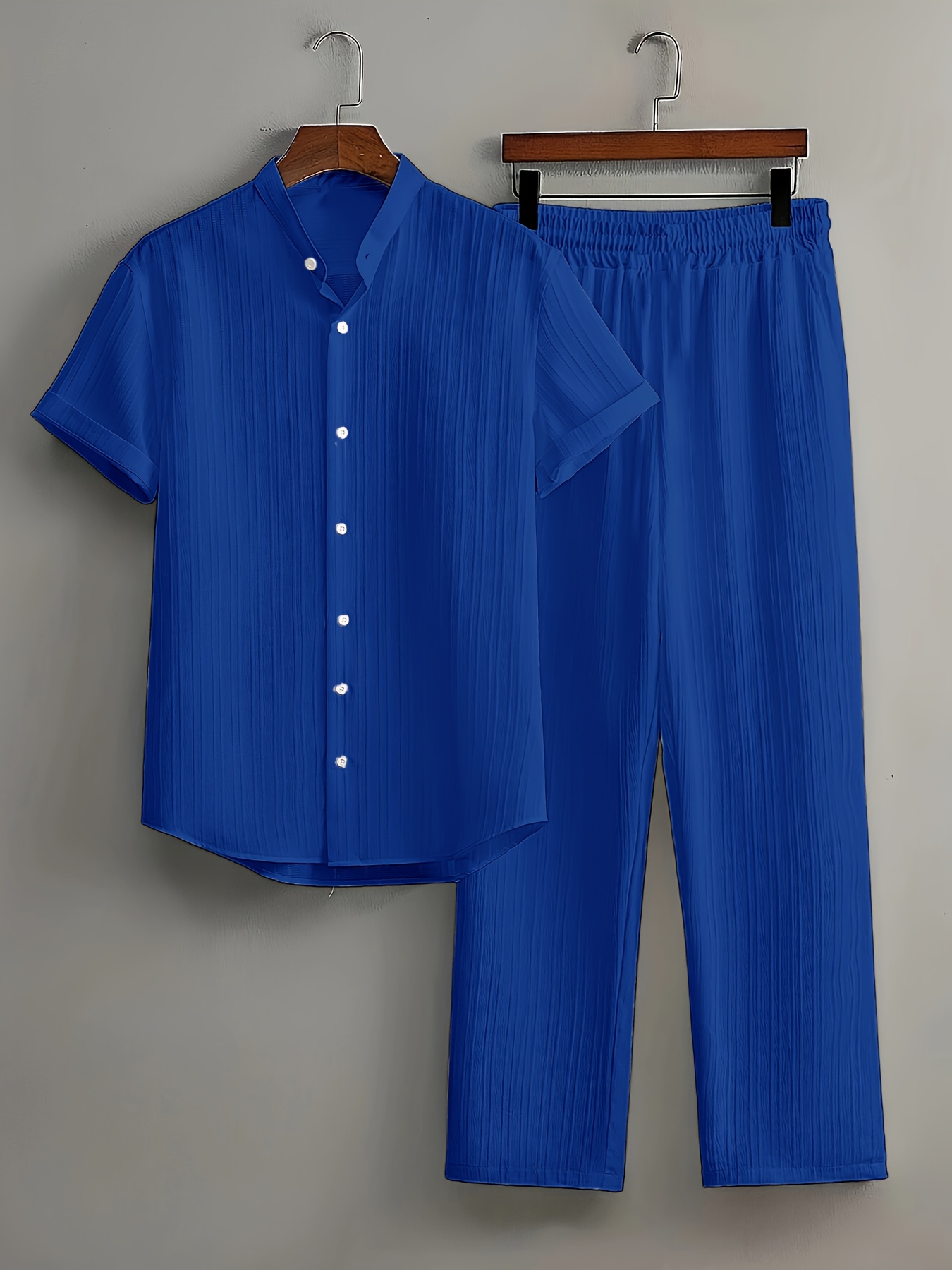 Men's Summer, Fashionable Wave Pattern Simple Casual Short Sleeve Shirt and Plain Trousers Set