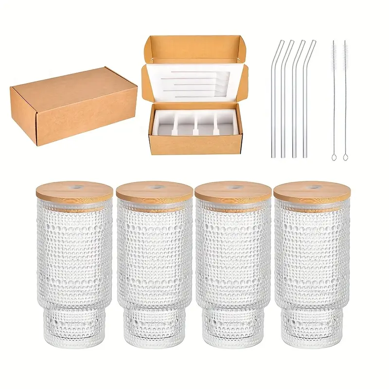 4 pack 11oz bpa free vertical stackable glass cups with leak proof lids straws insulated reusable for cold brew beer juice outdoor activities picnics beach holiday gifts polka picnic essentials elegant party glasses stylish drinkware beach accessories modern glassware durable construction home best for christmas Product details 6