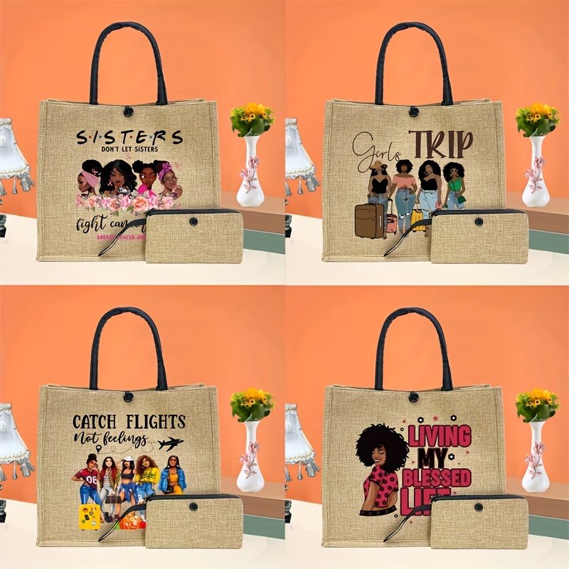 

2pcs Shopping Sisters Pattern Tote Bag Set, Lightweight Burlap Shopping Bag, Portable Travel Beach Bag With Makeup Bag
