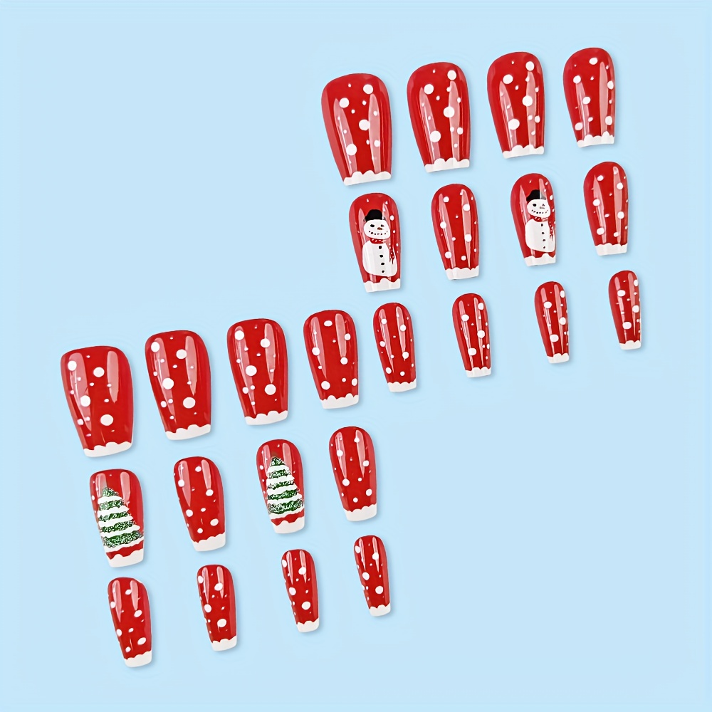 TEMU Christmas 24pcs Glossy Extra-short-t Press On Nails Christmas Trees And Snowman Figure Style Pattern Fake Nails Shiny Artificial Reusable False