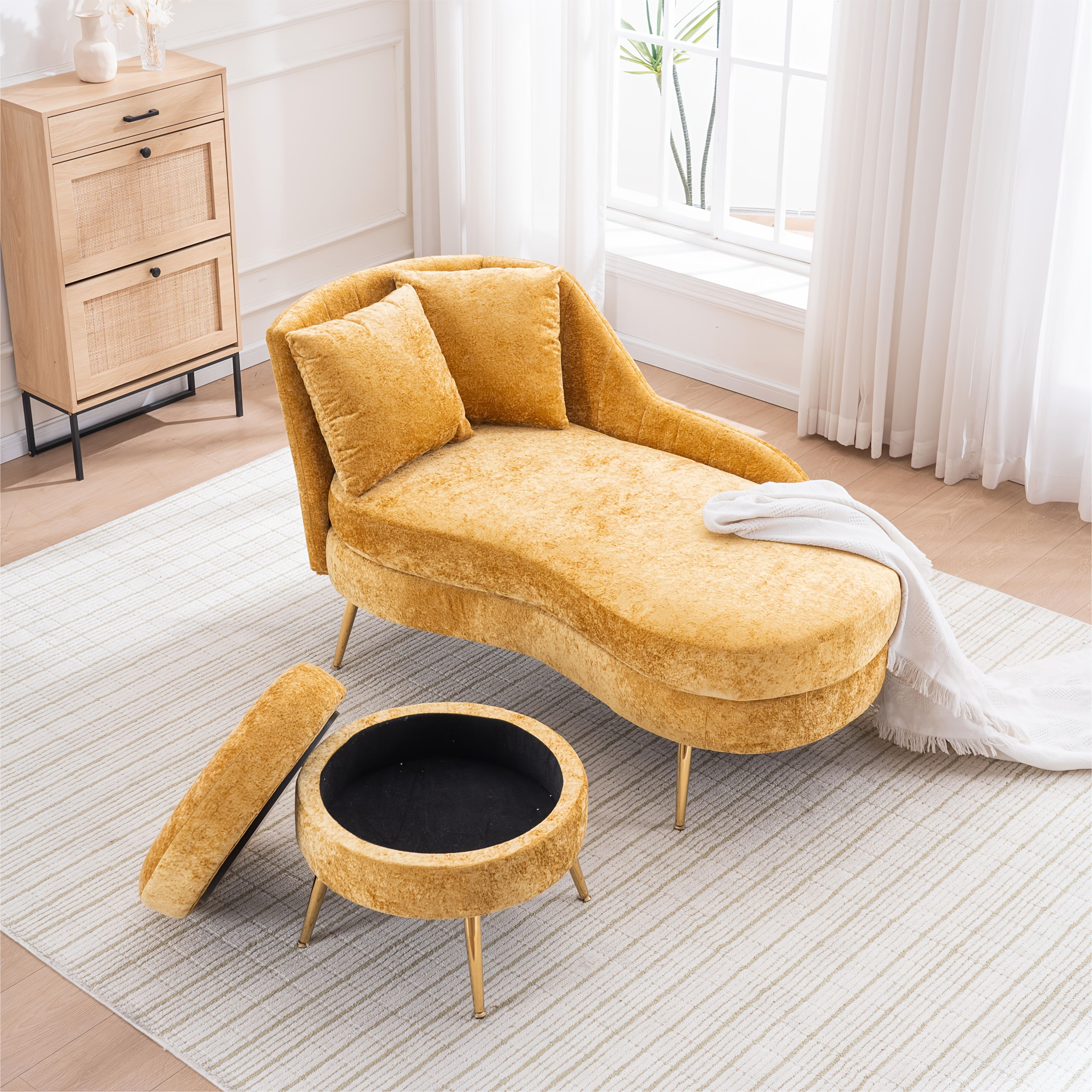 58'' Indoor Chenille Chair with Left Armrest And Lumbar Pillow Upholstered Furniture Lounge Chair, Lounge Sofa for Living Room Bedroom Office with Footstool.